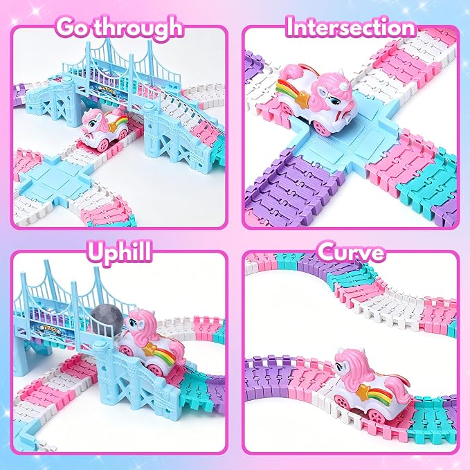 194PCS Unicorn Race Track for Kids Ages 4-8: Flexible Racetrack Toy Car Track Set with Unicorn & Shark Monster Trucks, Great Toys for 3 4 5 Year Old Girls Gifts, Toddler Girls Boys Age 3-6