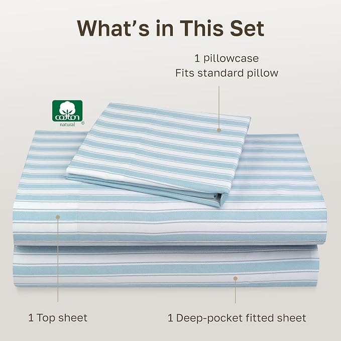 California Design Den Soft 100% Cotton Sheets Twin XL Size Set, 400 Thread Count Good Housekeeping Award Winner, Smooth Sateen Finish, Cozy and Durable Cotton Bedding Set - Cape Stripe Blue