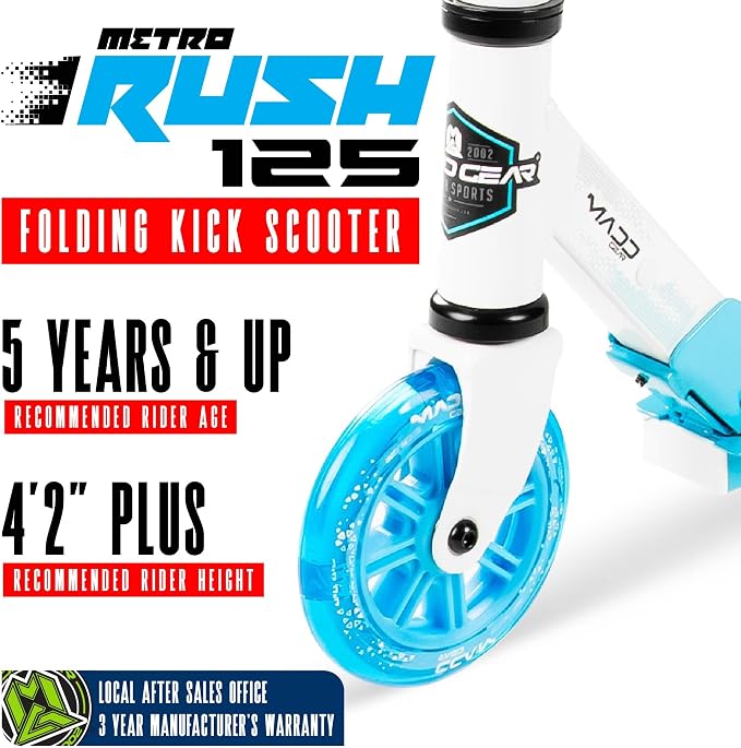 Kick Scooter for Ages 5+ - Kids, Teens & Adults. Max Load 220lbs. Foldable, Light-Up Wheels, Adjustable Height, Lightweight - Rush 125 Madd Gear