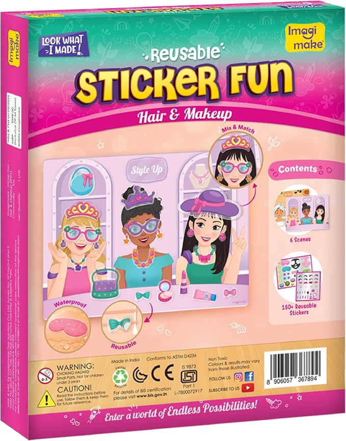 Imagimake Reusable Sticker Fun – Hair & Makeup Kit |Reusable Glam Stickers for Kids | 6 Styling Scene Boards | Pretend Play | Kids Games 3-5 | Toddler Girl Toys | 3,4,5,6,7 Year Old Girl Birthday Gift