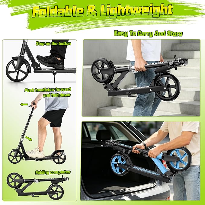 TaroKitc Kick Scooter for Kids 8-12, Teens & Adults | 240 LBS Max Load, Hand Brake & Bell, Lightweight, Foldable 8-Inch Big Wheel Scooter with 4 Adjustable Height Levels | Park Rides & Commuting