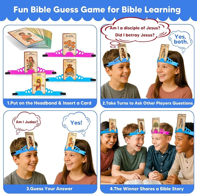 Garybank Bible Headbands Board Game for Kids, Bible Character & Item Guess Games, 66 Picture Keyword Cards w/Bible Stories & Verses, Biblical Who Am I Toys for Family Nights, Christian Easter Gifts