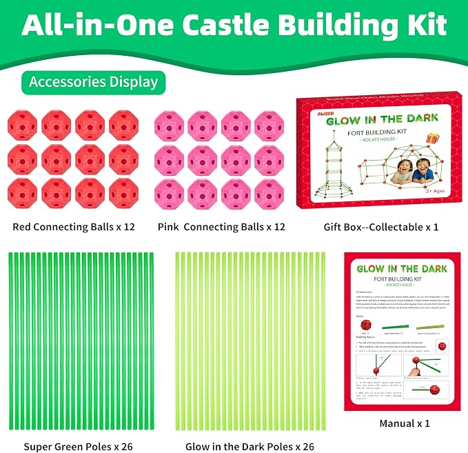 Awsoo Fort Building Kit for Kids 3 4 5 6 7 Glow in The Dark STEM Building Toys Indoor Outdoor Play Tent for Kids Construction Toys with 52 Poles and 24 Connecting Ball