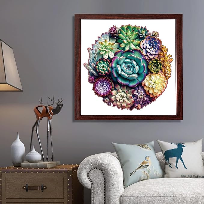 Mys Aurora Unique Wooden Jigsaw Puzzles - Mandala Succulent Plants, 500 Pcs King Size 16.9'' x 16.3'', Luxurious Shaped Wood Puzzle, Beautiful Package, Best Gift for Adults and Kids, Family Game