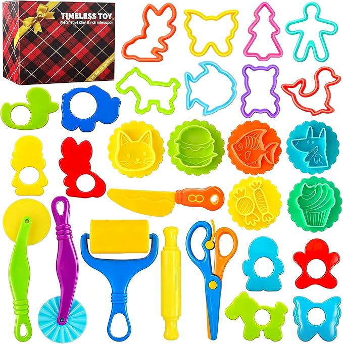 29PCS Play Dough Tools Set, Kids Clay Molds Kit with Animal Letters Numbers Cutters Rollers Storage Box, Non-Toxic ASTM F963 Certified, Toys for Toddlers Boys Girls Ages 3-8