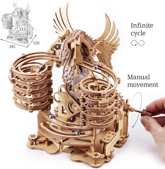 iDventure Wooden Marble Run Dragon | 3D Mechanical Wooden Model Kit | Hand-Cranked Marble Track with 15 Steel Balls | Unique DIY Gift for Adults & Teens