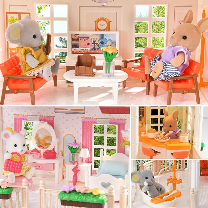 TUZT Doll House with 45 Pcs Furniture and Accessories, 3-Story with 4 Animal Dolls, Food Cooking Set, Warm Lights, Pool Slide and Movable Elevator, Pretend Play Dream Dollhouse for Girls 3+