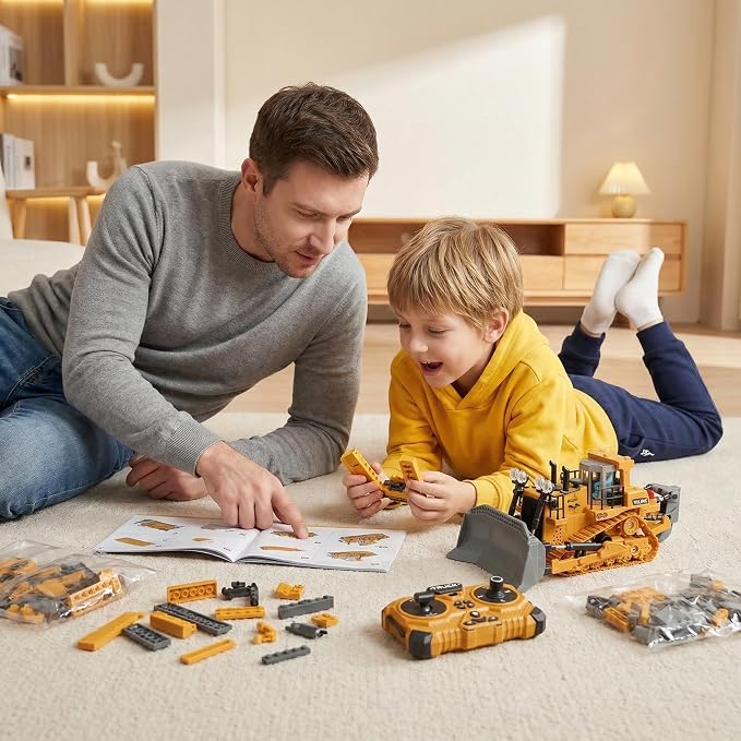 RC Bulldozer Toy,9-Channel rc construction vehicle bulldozer toys for boys rc dozer Simulated Construction Site Toy, LED Lights & Sound, All-Terrain Tracked Dozer 3 4 5 year oldGift for Birthday