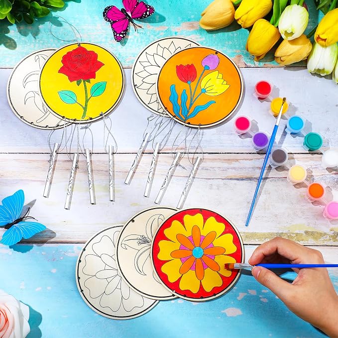Silipull 24 Sets Summer Flower Wind Chimes Craft for Kids Back to School Color Your Own Windchime DIY Unfinished Wood Hanging Ornament Coloring Wind Chime for Kid Graduation Gift Party Supply