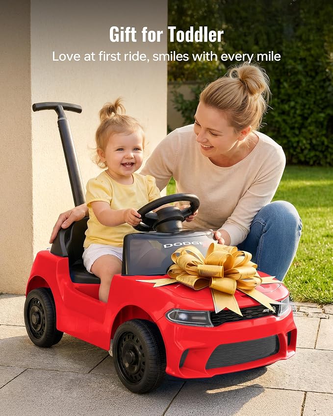 Licensed Dodge Ride on Push Car for Toddlers, Kids Push Car with Handle, Music and Horn for Toddlers 1-3 Years - Red
