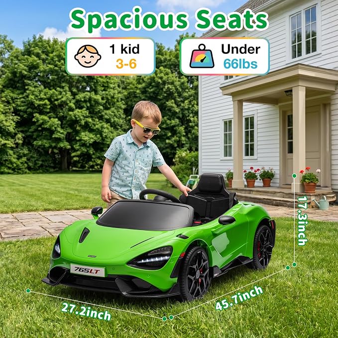 Kids Ride-on Car Licensed McLaren765LT for 3-6Years Old, Electric car 12V Battery Powered Electric Vehicle, w/Parent Remote, Music Player, LED Lights, Smooth Start, 3 Speeds, (Green)