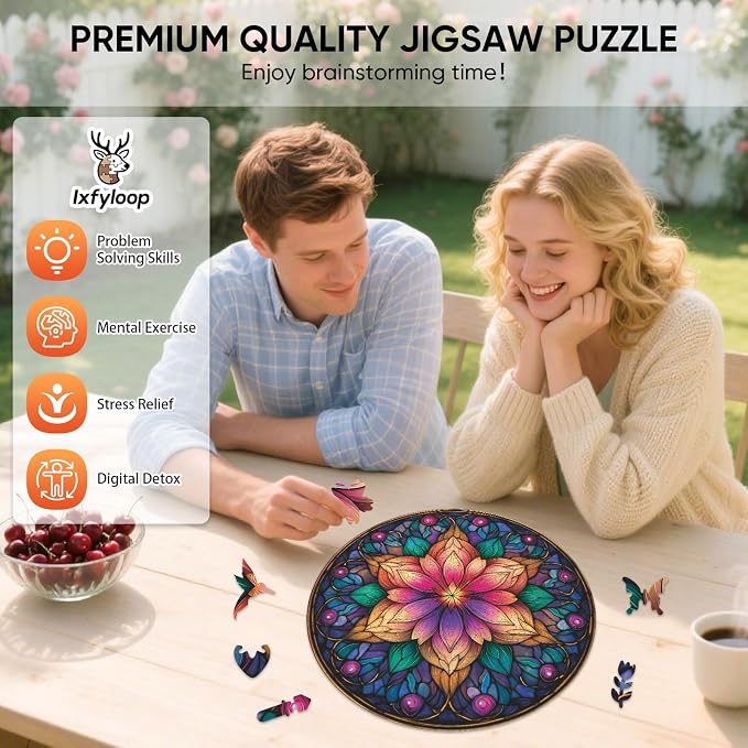 Ixfyloop Wooden Puzzles for Adults, Mandala Puzzle 200 Pieces, Wood Jigsaw Puzzles Unique Shape, Mandala Game Wooden Puzzles for Adults Birthday Gift, 11.2x11.2 inch