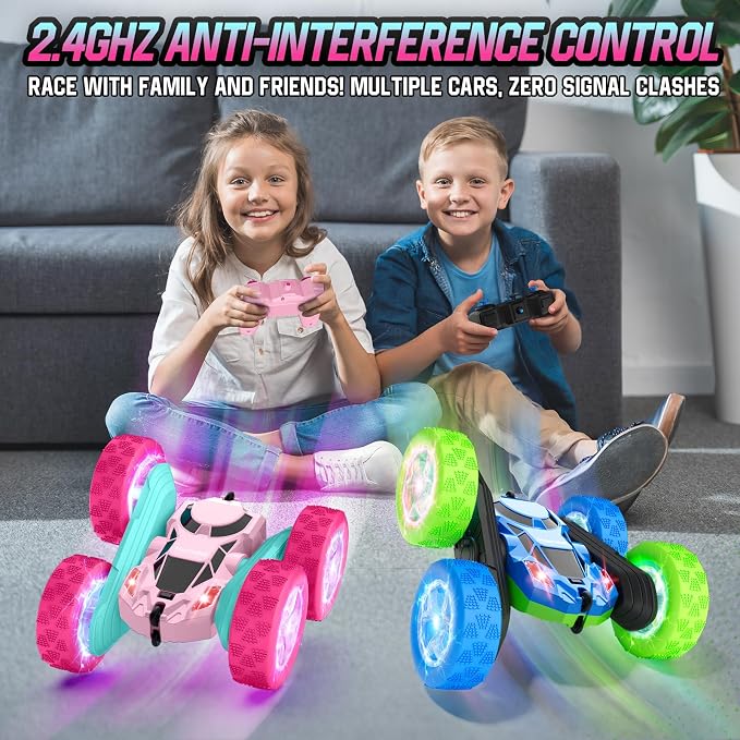 Hamdol Pink Remote Control Car for Girls, Double Sided with Shining Headlights & Wheel Lights, Girl Princess Toys, Rechargeable Toy Car for 6-7 6-8 9 10-12 Year Old Girls Birthday, Valentines Gift