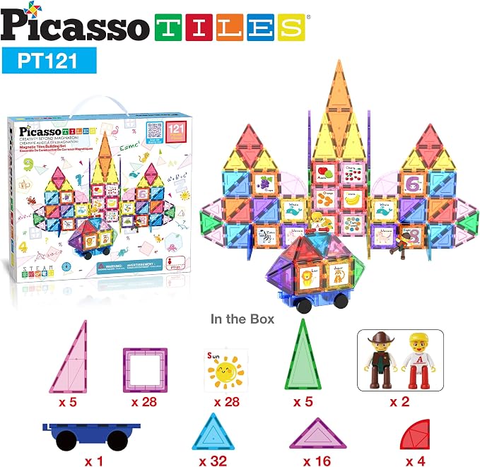 PicassoTiles 121 pc Master Builder Magnetic Building Block Construction Set Magnet Tiles Blocks with Car Truck, 2 Character Action Figures, 28 Educational Alphabet Animal and Number Graphics