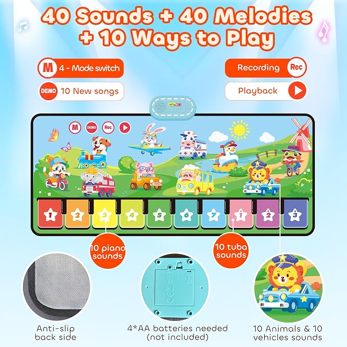 MOMUSE Piano Music Mat with 80 Sounds, Large Animal Car Touch Blanket Playmat Carpet Musical Toddlers Toys, Floor Keyboard Dance Sensory Educational Mat Boys Girls Gifts for 3 4 5 Years Old