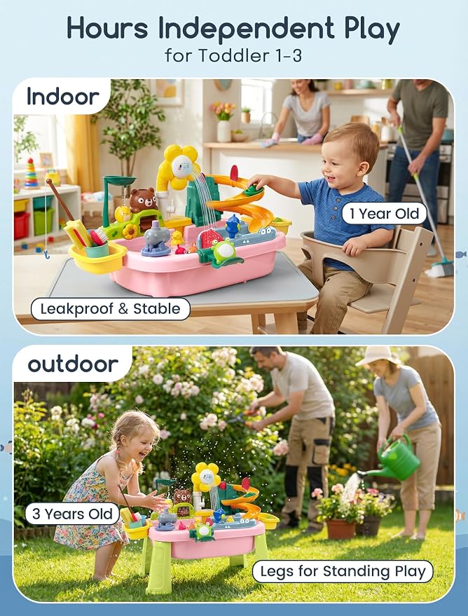 OKPOW Sturdy Water Table for Toddlers 1-2: No Tipping on Uneven Backyard | 4 Wide Legs & 3-Gal Sink Reduce Wobble by 80% - Keep Toddlers Safely Engaged in Splash Play, Tool-Free Assembly