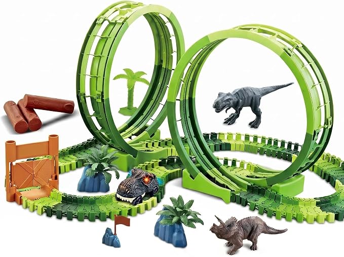 Dinosaur Race Track Toys for Boys 3-5, Double Loop Dinosaur Car Track Set, Flexible Adventure Race Track Playset for Boys Age 4-7 Birthday Gifts