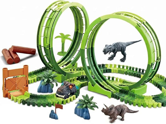 Dinosaur Race Track Toys for Boys 3-5, Double Loop Dinosaur Car Track Set, Flexible Adventure Race Track Playset for Boys Age 4-7 Birthday Gifts