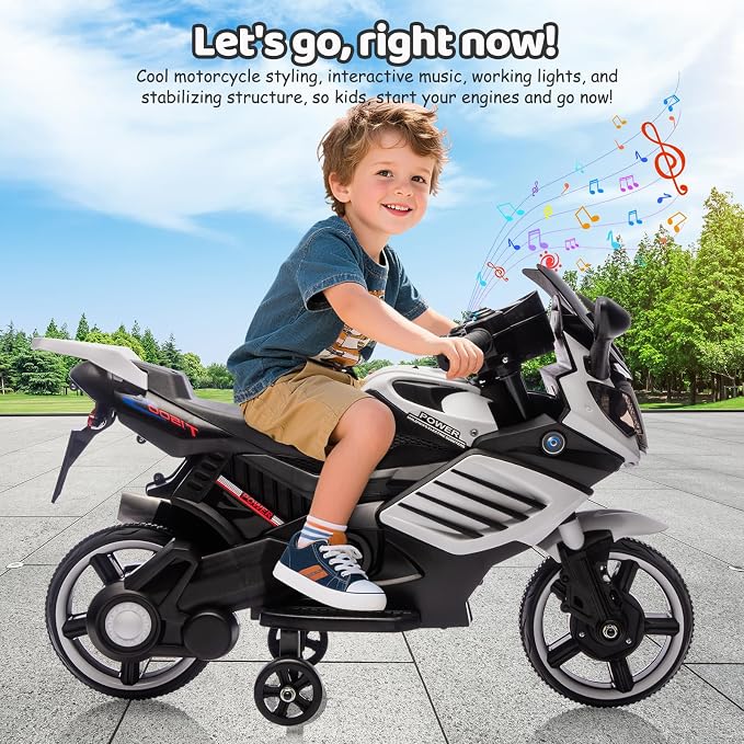 Kids Ride On Motorcycle, 6V Battery Powered Electric Motorcycle, w/Treaded Tires, Horn, Working Headlight, Music, Training Wheels, Stable Ride On Toys for Kids Toddler Boys Girls 3-6, White