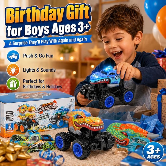 2 Exploding Pack Monster Trucks for Boys Age 4-7, Dinosaur and Shark Light Up Push and Go Toy Cars with Music, Friction Powered Birthday Gifts for Kids Ages 3-7