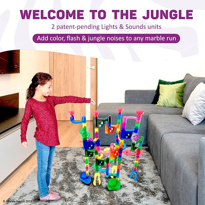 Marble Genius Marble Run Lights & Sounds Accessory Set - 10 Randomized Jungle Sounds and 2 Flashing Lights, Compatible with Any Marble Genius Set, for Ages 3 and Above, Green-Jungle Sound