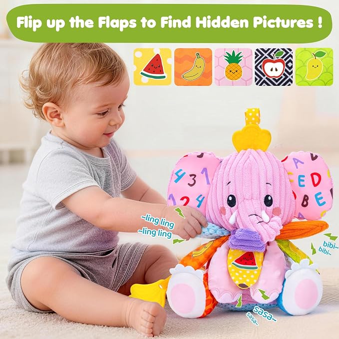 Baby Girl Toys 0-6 6-12 Months, Sensory Musical Toddler Toy for 3 4 5 6 7 8 9+ Months, Pink Elephant Plush Infant Toy with Teether, Crinkle, Rattle Baby Mirror for Tummy Time Newborn