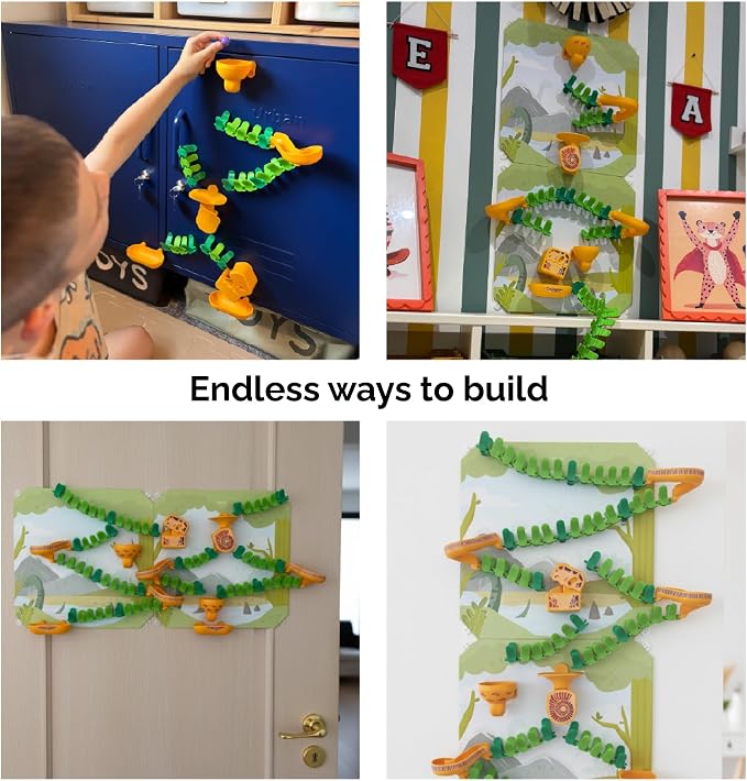 Oribel VertiPlay Magnetic Marble Run | 100 pcs STEM Toy, Dino Quest Edition | 2 Magnetic Play Boards | Wall Toy for Kids Age 5+ | Magnetic Track-Building Set | Dinosaur-Themed Stick-On Playboard