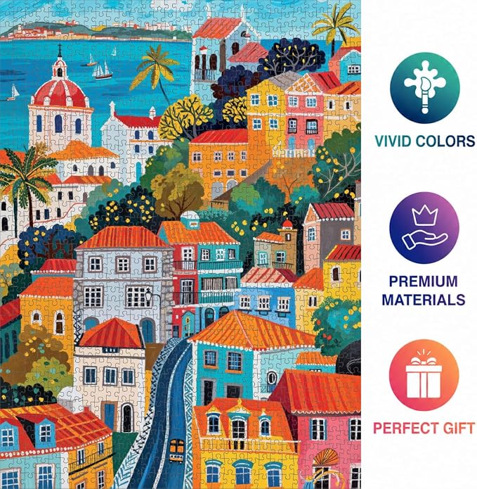 Cross & Glory | 1000 Piece Jigsaw Puzzles for Adults | Vibrant Vistas of Lisbon │ Folk Art Lisbon Puzzle │ Satin Finish Portugal Puzzle 1000 Pieces │ Ages 14+