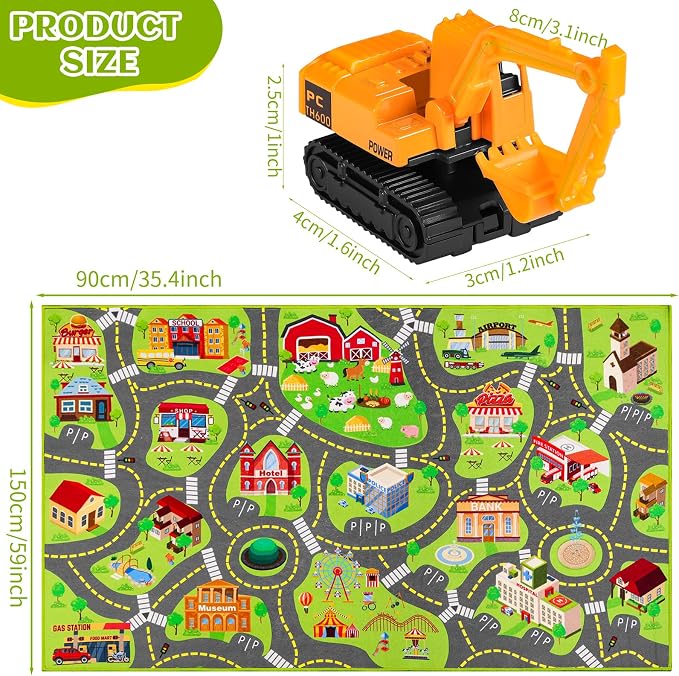 Kids Car Rug Play Mat with 12 Toy Vehicle Set, Kid Road Playmat Rug for Toy Cars, Cars Play Rugs Town City Map Carpet, Car Track Rugs for Kids Boys Playroom Bedroom (60"X36", City Map+Vehicle)