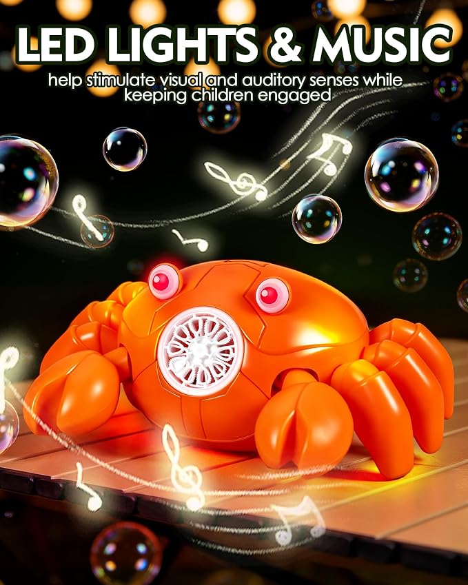 Crab Bubble Machine for Kids, Rechargeable 360-Degree Moving Bubble Maker with Lights and Music, Obstacle Avoidance, USB-C Cable, 2 Bubble Solutions, Outdoor Birthday Toy Ages 3+