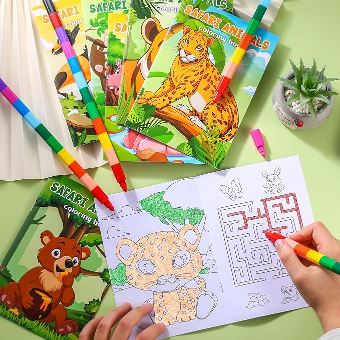 BenLouis 24 Jungle Safari Mini Coloring Books Kids with 24 Stacking Crayons Zoo Animals Party Favors Activity Books Bulk for Kids Wild One Lion Goodie Bag Gift Stuffer Classroom Reward