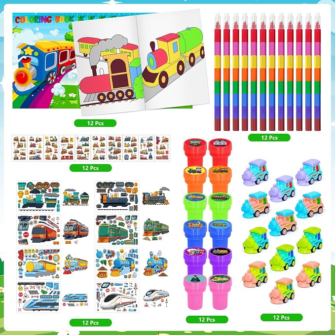 Cinrobiye 72 Pcs Train Party Favors,Train Print Party Supplies Include Coloring Books Stickers Stamps DIY Art Crafts Goody Bags Fillers for Train Car Railway Transportation Birthday Party