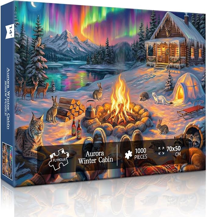 Aurora Winter Cabin Puzzles for Adults 1000 Pieces,Impossible Hard Challenging Jigsaw Puzzles for Adults,Puzzle with Letters on Back Games,Peaceful Snowy Escape Wall Art Decor,Gifts for Boys Girls