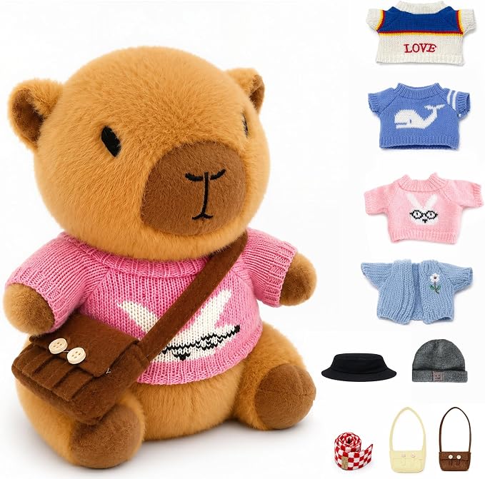 10.2" Brown Capybara Plush Toy with 9 Clothes and Accessories Super Soft Capybara Stuffed Animal for Kids Girls Boys (Blue Capybara)