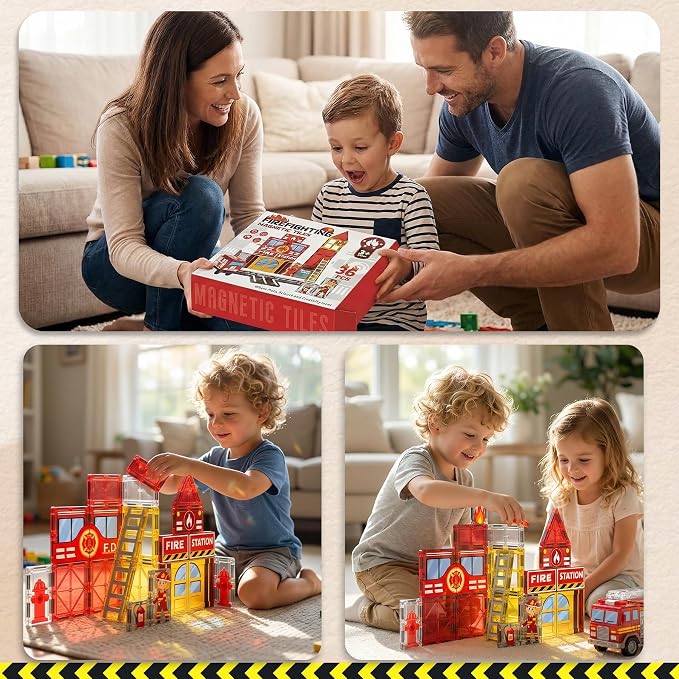 Fire Station Magnetic Tiles for Kids, Building Toys for Kids Ages 4-8 with Fire Truck, Firemen, Road Magnet Tiles STEM Magnetic Blocks for Kids Ages 4-8, Building Toys for 3+ Year Old Boys Gifts