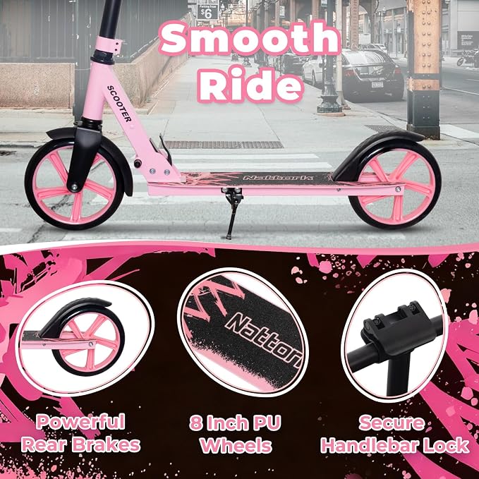 Nattork Scooter for Kids 6+, Teens and Adults- Adjustable Height Folding Kick Scooter with Large Sturdy Wheels for a Smooth Ride, Lightweight, Anti-Shock Suspension for Boys and Girls