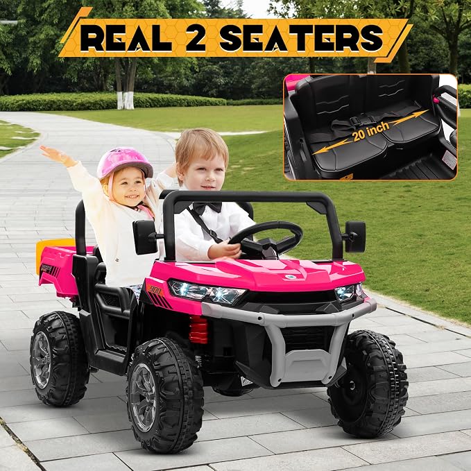 24V 4WD Ride on Car Dump Truck w/4X200W Motor, 2 Seaters, Gift Flower, 2.4G Remote Control, Bluetooth Music, LED Light, 24 Volt Ride on Toy Cars for Big Kids, Pink