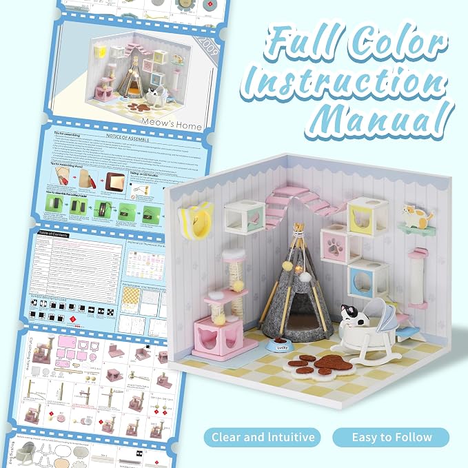 Kisoy Dollhouse Miniature with Furniture Kit, DIY 3D Wooden DIY House Kit A Corner of a Small Apartment Style with Dust Cover & LED,Handmade Tiny House Toys for Gift of Teens and Adults(Pet Room)