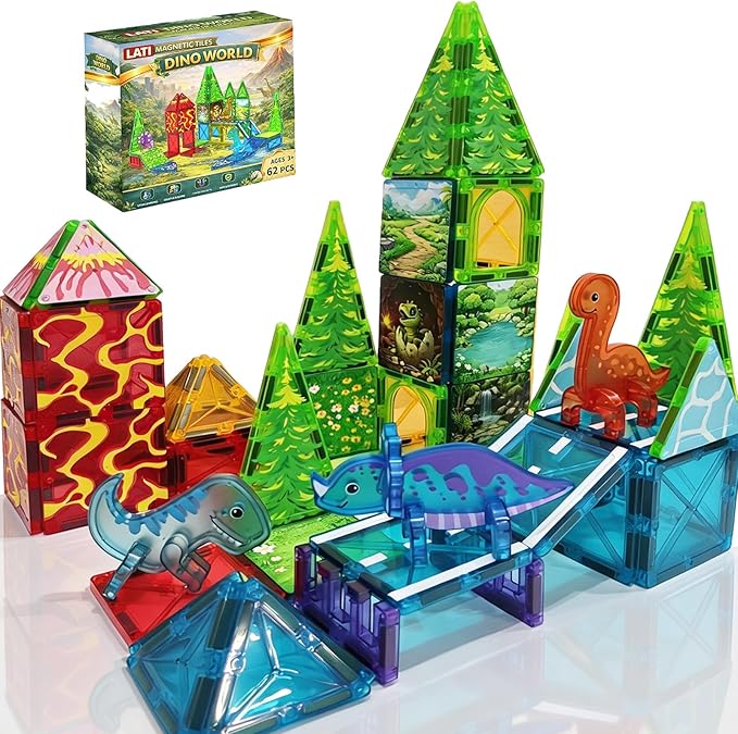 LATI Magnetic Tiles Dinosaur Building Set, Dino World Magnet Blocks with Double-Sided Egg Hatch Story, STEM Construction Toy for Kids Ages 3+, Educational Gift for Boys & Girls