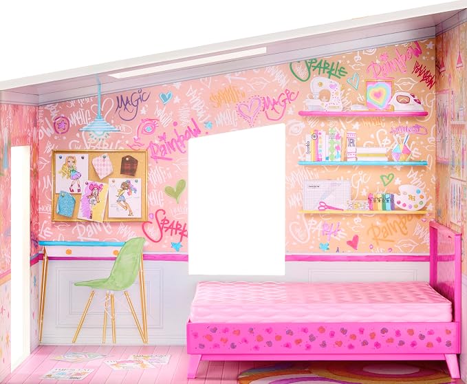 Rainbow High Color & Play 3-Story Doll House, Design All Walls & Floors with Washable Markers, Wood Playset Includes Toy Furniture and Accessories, Gift for Kids 4+
