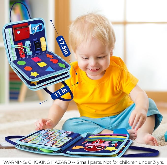 Esjay Toddler Busy Board Montessori Toys for Boys, Sensory Book Educational Activities for Learning Fine Motor Skills, Birthday Gifts for Boys Toddlers, Travel Toys for Airplane Car, Blue Dinosaur