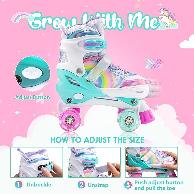 SULIFEEL Rainbow Unicorn 4 Size Adjustable Roller Skates for Girls Boys for Kids Ages 3-5 5-8 6-12 Children Skates Indoor Outdoor