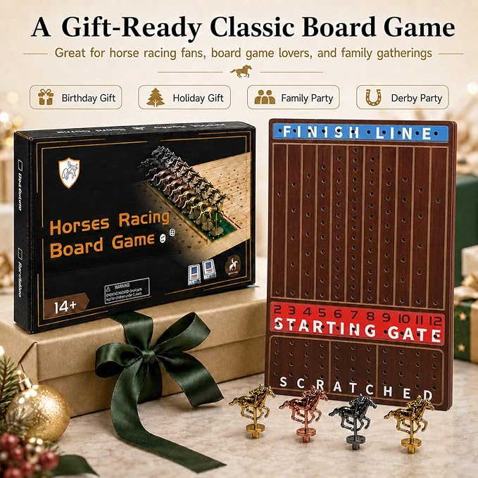Jyquorp Horse Race Board Game Wooden Kentucky Derby Party Game Set with 11 Metal Horses, 2 Dice & 2 Card Decks, Large Solid Wood Horse Racing Board Game for Family & Adults (15.6" x 10")