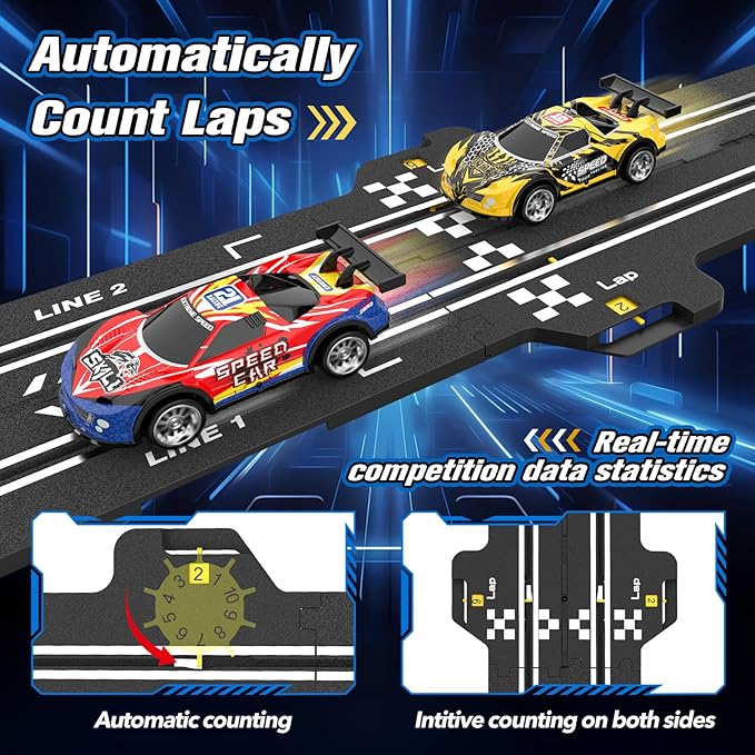 3-in-1 Slot Car Race Track Sets with 4 High-Speed Cars, Electric Track, Dual Racing Game with Lap Counter & 2 Controllers, and Circular Overpass Design – Toy Gift for Boys Kids Ages 4-6 6-8 8-12