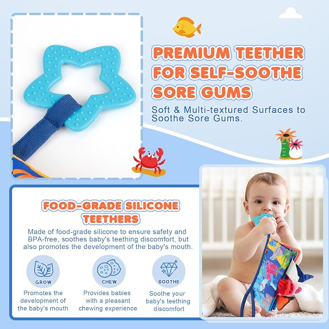 BBWOO Soft Baby Book Toy - Newborn Boy Girl Shower Gift - Tummy Time Toy for Infant 0-6 6-12 Months - Touch and Feel Sensory Crinkle Book with Teether - Baby Boy Girl Gift