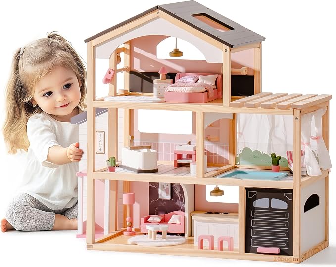 ROBUD Doll House, Wooden Dollhouse with 6 Rooms, 29-pcs Furniture Set, Working Elevator, Garage, Swimming Pool, Ideal Gift for Kids Ages 3+ (Black)