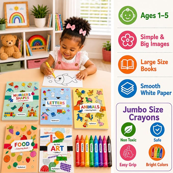 Coloring Books for Toddlers 1-3 with Large Pages & Crayons for Toddlers 1-3, Boys Coloring Book Set Featuring Letters, Numbers, Shapes, Animals & Food Activities, 2 Year Old Workbook Set in Blue Box
