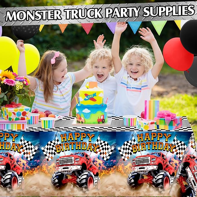 Mifoci 6 Pcs Monster Truck Birthday Party Tablecloths Monster Machine Table Covers Large Plastic Disposable 108 x 54 Inches for Truck Theme Kid's Boys Birthday Shower Party Supplies (Classic)