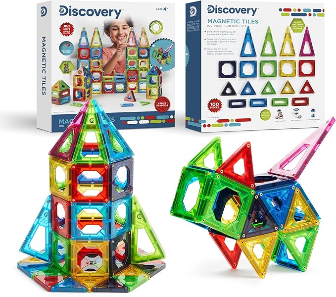 Discovery 100-Piece 3D Magnetic Tiles Set, Educational STEM Kids Toys, Ages 4+, Construction Building Block Creativity Kit, Engineering Development