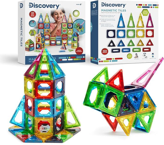 Discovery 100-Piece 3D Magnetic Tiles Set, Educational STEM Kids Toys, Ages 4+, Construction Building Block Creativity Kit, Engineering Development
